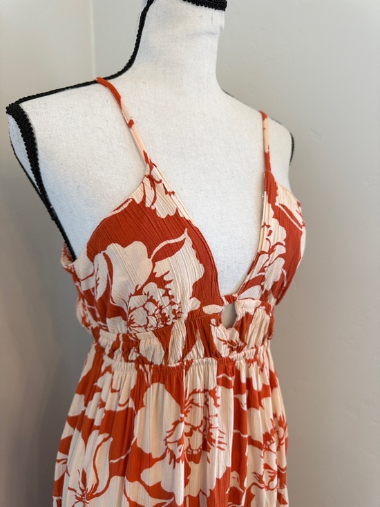 Angie Floral Maxi Dress Large Open Back Tie Boho Orange Cream Flowy Summer - Picture 2 of 5